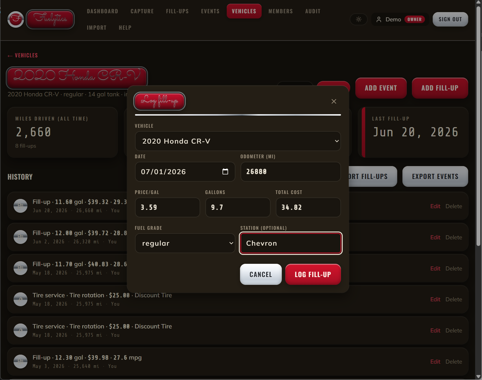 Add a fill-up — Quickly log gallons, price, and odometer.